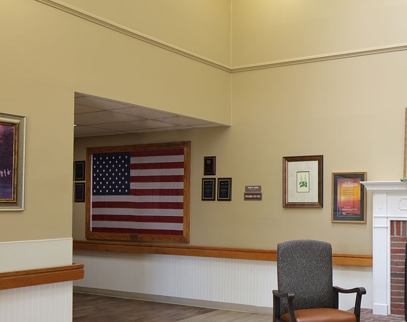 Zoomed in picture of American Flag hung in hallway in Madison, Virginia nursing home.