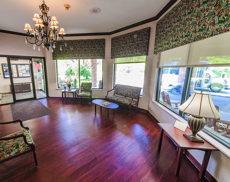 Front lobby with comfy seating in Johnstown, Pennsylvania nursing home.