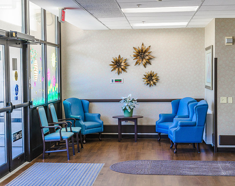 Lobby with comfy chairs in Ebensburg, Pennsylvania assisted living facility.