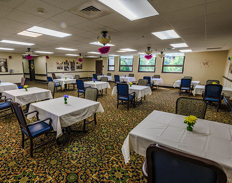 Dining room with two person table in Ebensburg, Pennsylvania assisted living facility.